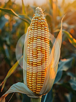 Close-up of a ripe corn ear in a field at sunset.