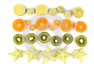 Close-up of a ripe exotic slices of fruits isolated on a white background.