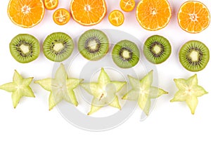 Close-up of a ripe exotic slices of fruits isolated on a white background.