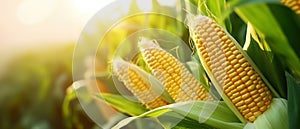 Close-up of ripe golden corn cobs in corn plantation field. Agriculture background. Generative AI