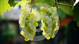 Close up of ripe green grapes hanging on a vine in a picturesque vineyard setting