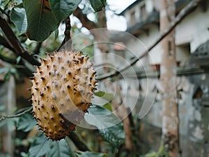 Close up of Ripe Horned Melon Kiwano Hanging on Branch in Urban Garden
