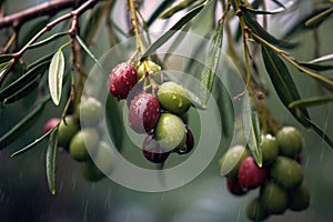 close-up of ripe olives on tree branches