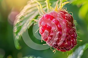 Close-up of a ripe red raspberry on a green leaf background photo