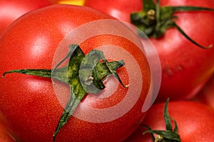 Close up of ripe red tomato, tomatoes background