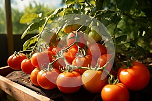 Close-up of ripe red tomatoes in the garden on a sunny day