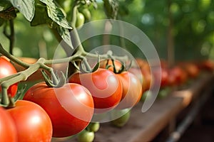 Close-up of ripe red tomatoes grown in a greenhouse. Generative AI