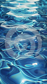 Close-up of rippling blue water surface, abstract light reflections. Nature background concept