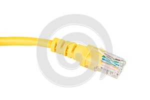 Close-up of the RJ-45 network connection plug of the yellow Ethernet cable of the LAN network connection.