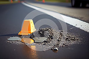 close-up of road surface repair with spackling and filling material visible