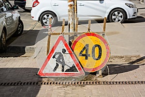 Close up of road works sign
