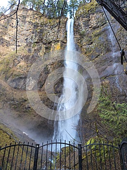 Close-up of the roaring Multnomah Falls from the Multnomah Creek Bridge on a February day