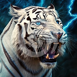 close up of roaring white tiger with blue stripes generative AI