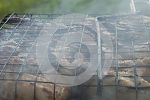 close-up: roast porkmeat inside grill on fire with smoke