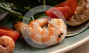 Close-up of Roast Prawns Shrimps on plate with vegetables.