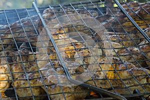 close-up: roasted chicken wings inside grill on fire with smoke