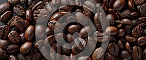 The close-up of roasted coffee beans on a dark surface..AI generated image