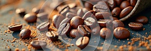 Close-up of roasted coffee beans and ground coffee on rustic surface