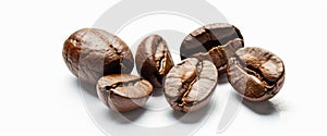 Close-Up of Roasted Coffee Beans Heap on White Background Surface