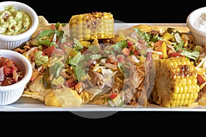 Close-up of roasted meat on tortilla and chips with grilled vegetables. The dish includes garlic, avocado and vegetable dip. The