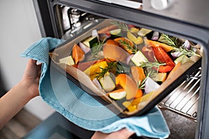 Close Up Of Roasting Tray Of Vegetables For Vegan Meal In Oven