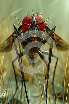 Close up of a Robber Fly with Vibrant Red Eyes in Natural Habitat, Detailed Insect Portrait in the Wild