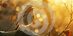 A close-up of a robin singing at dawn , concept of Bird chorus