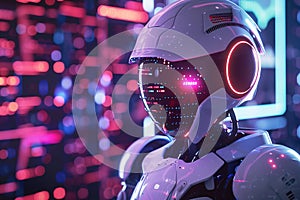 Close-up of robot face under colorful lighting a glowing digital interface. photo