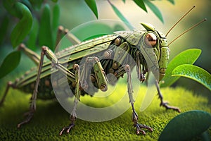 Close up of a robot grass hopper in the outdoor. Generative AI