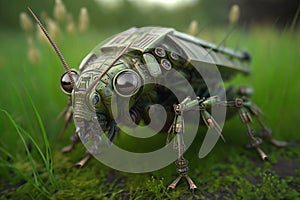 Close up of a robot grass hopper in the outdoor. Generative AI