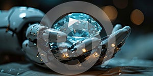 close up robot hands holding illuminated blue glowing diamond, banner, poster