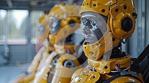 Close-up of robot heads in the factory. Yellow crash test dummies