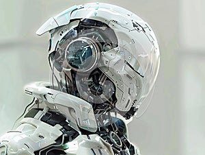 a close up of a robot s head with a helmet on