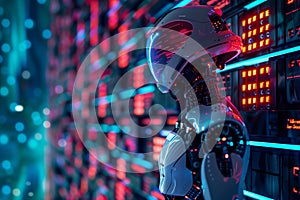 Close-up of robot under colorful lighting a glowing digital interface. photo