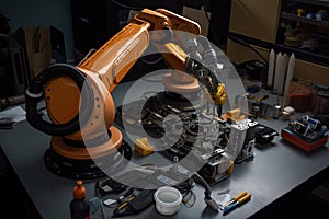 close-up of robotic arm, with tools and spare parts nearby