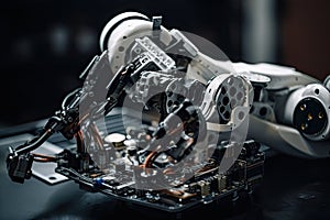 close-up of robotic arm, with tools and spare parts nearby