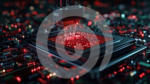 Close-up of a robotic arm working on a microchip, showcasing advanced semiconductor technology.