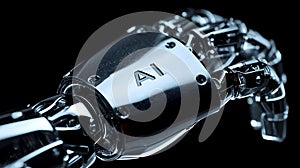 Close Up Of Robotic Hand With AI Engraving Symbolizing Technology Future