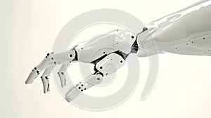 Close-up of a robotic hand, futuristic white android limb. Conceptualizing AI technology and advanced robotics. Modern
