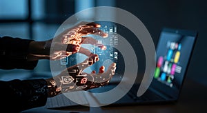 Futuristic robotic hand interacting with glowing digital interface data streams technology