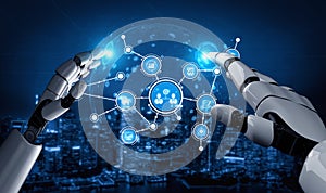 Futuristic Robot Hand Interacting with Digital Interface, Technology Concept, Artificial Intelligence, Business