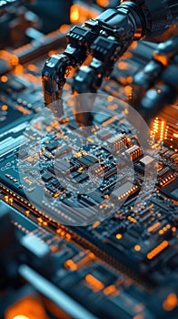 Close-up robotic hands assembling microchips