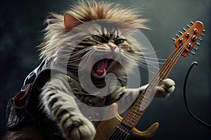 close-up of a rock star cat in the moment, showcasing his or her fierce guitar solo performance.