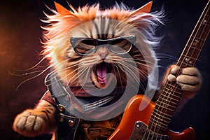 close-up of a rock star cat in the moment, showcasing his or her fierce guitar solo performance.