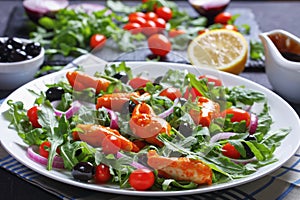 Close-up of rocket crab clamps salad, top view