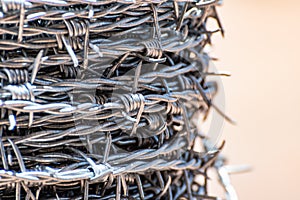 Close up on a roll of barbed wire