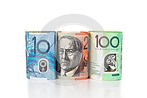 Close up of rolled up Australian Dollar currency note