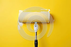 Close up of Roller painting a white wall with yellow paint. Ai generative