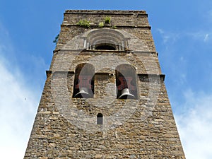 Close-up of the Romanesque tower of the church of Ainsa Huesca.