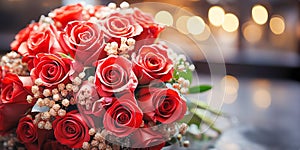 Close up romantic red rose bouquet, poised for wedding against warm church interior backdrop
